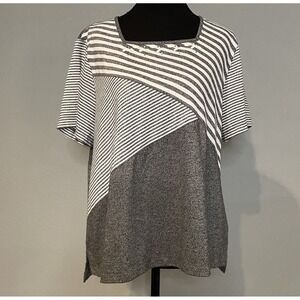 Alfred Dunner Petite Large Top Gray and White‎ Striped Diagonal Pullover Blouse
